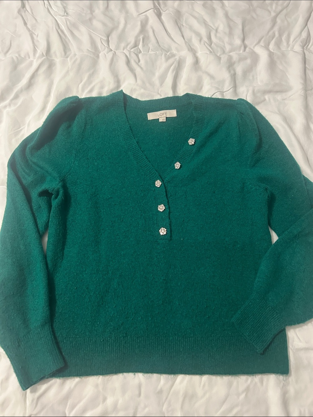LOFT Emerald Green V-Neck Sweater with Rhinestone Buttons